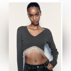 BRAND NEW ZARA RHINESTONE SOFT CROP TOP IN DARK GRAY